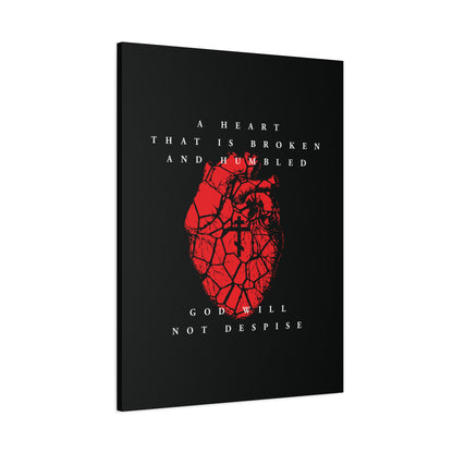 A Heart That is Broken and Humbled God Will Not Despise: Christian canvas art featuring a cracked red heart with Orthodox cross, inspired by Psalm 51’s message of repentance.