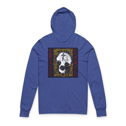 To Live is Christ, to Die is Gain (Philippians 1:21) | Skull with Cross on Gold Manuscript Texture | Orthodox Long Sleeve Hooded Shirt