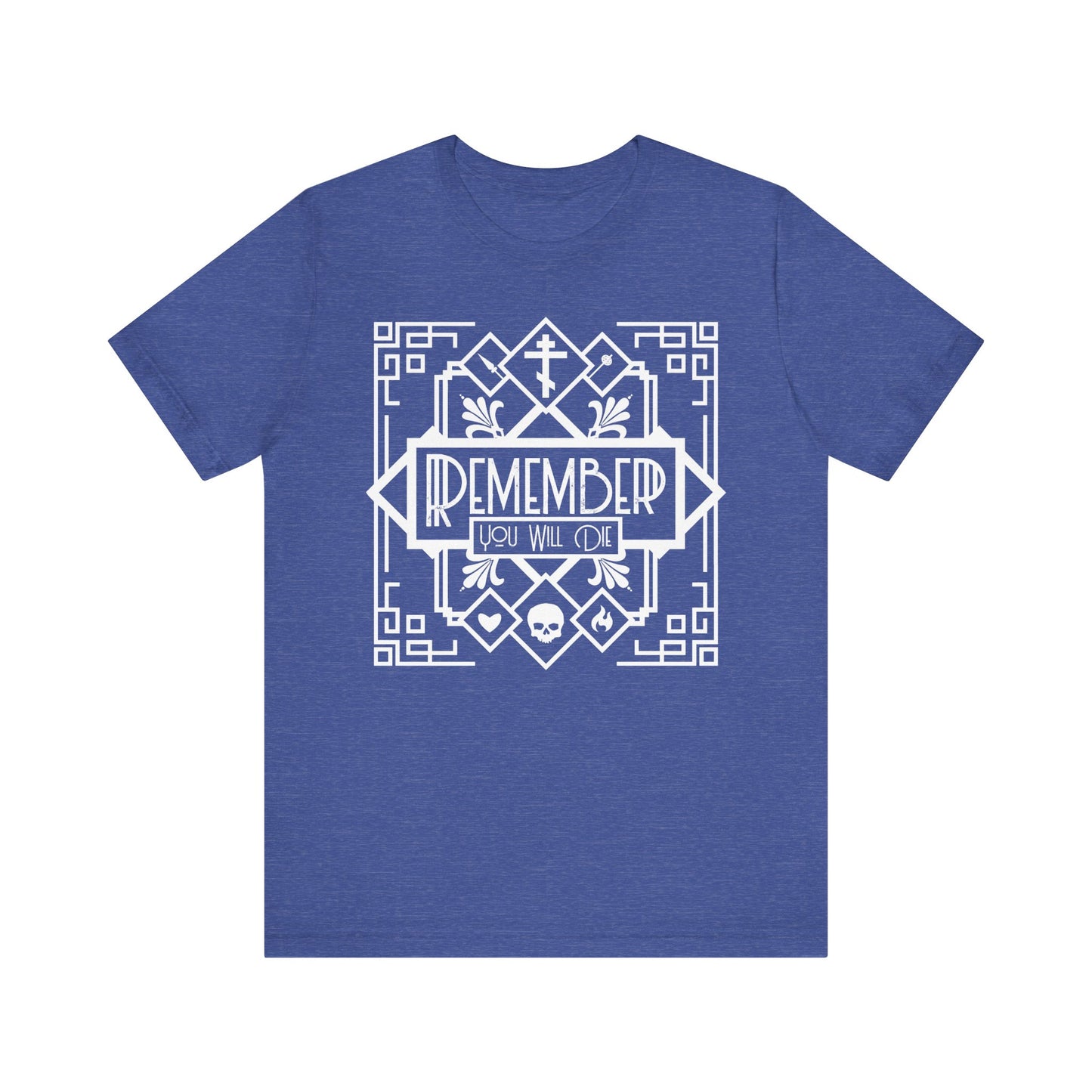 Heather True Royal t-shirt featuring a black and white Art Deco line art skull with heart and fire, "REMEMBER YOU WILL DIE" text—Memento Mori design subtly inspired by Orthodox hymns on Christ’s crucifixion. Lightweight cotton unisex fit.