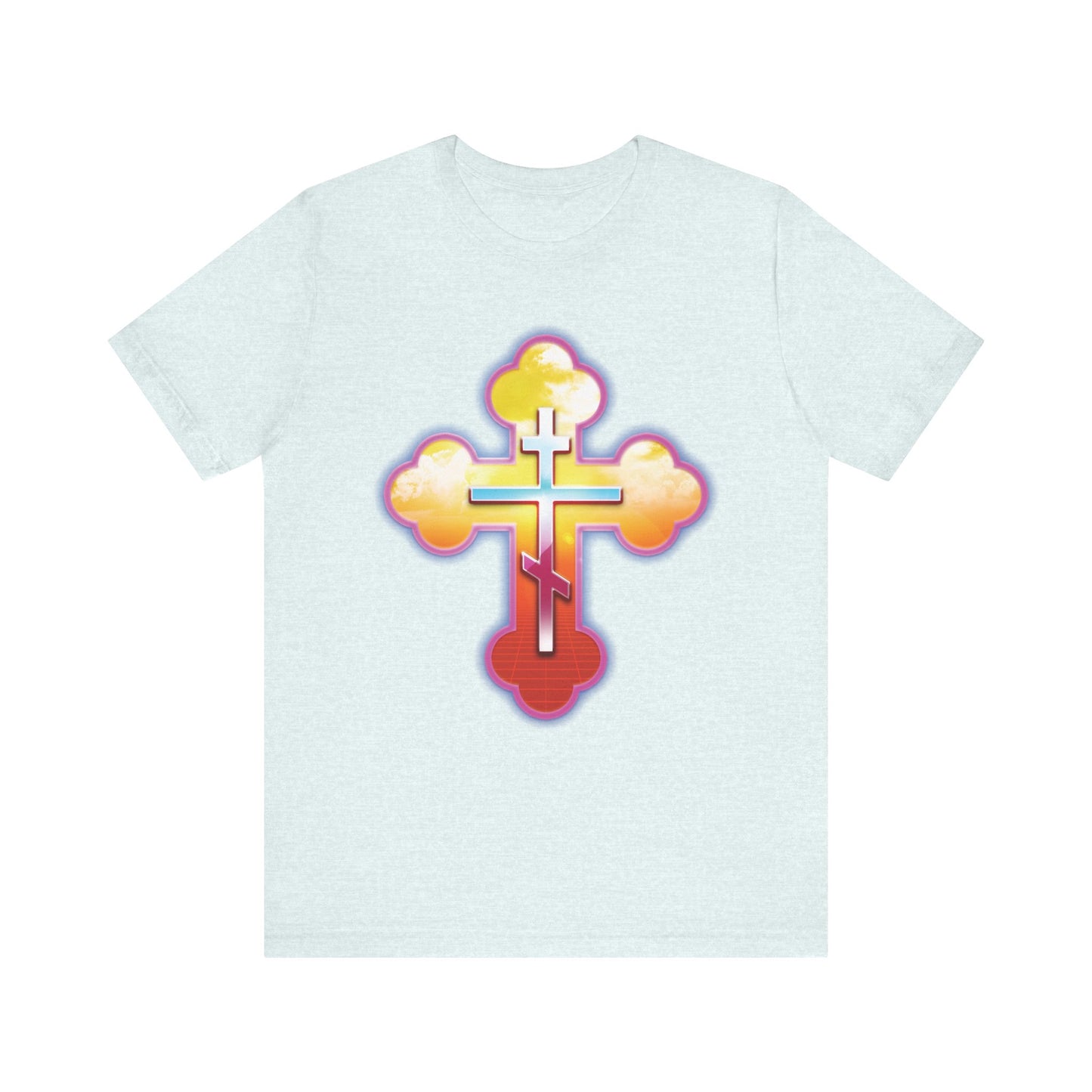 80s Synthwave Retrowave Outrun Aesthetic | Glowing & Reflective Gold & Red Three-Bar Cross | Lightweight Cotton Unisex Tee