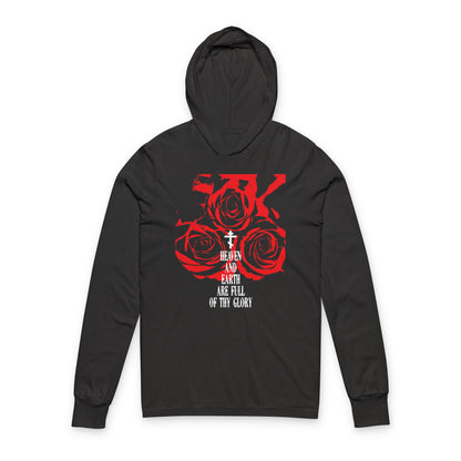 Heaven and Earth Are Full of Thy Glory | Orthodox Liturgical Hymn | Red Roses | Western Typography | Orthodox Long Sleeve Hooded Shirt