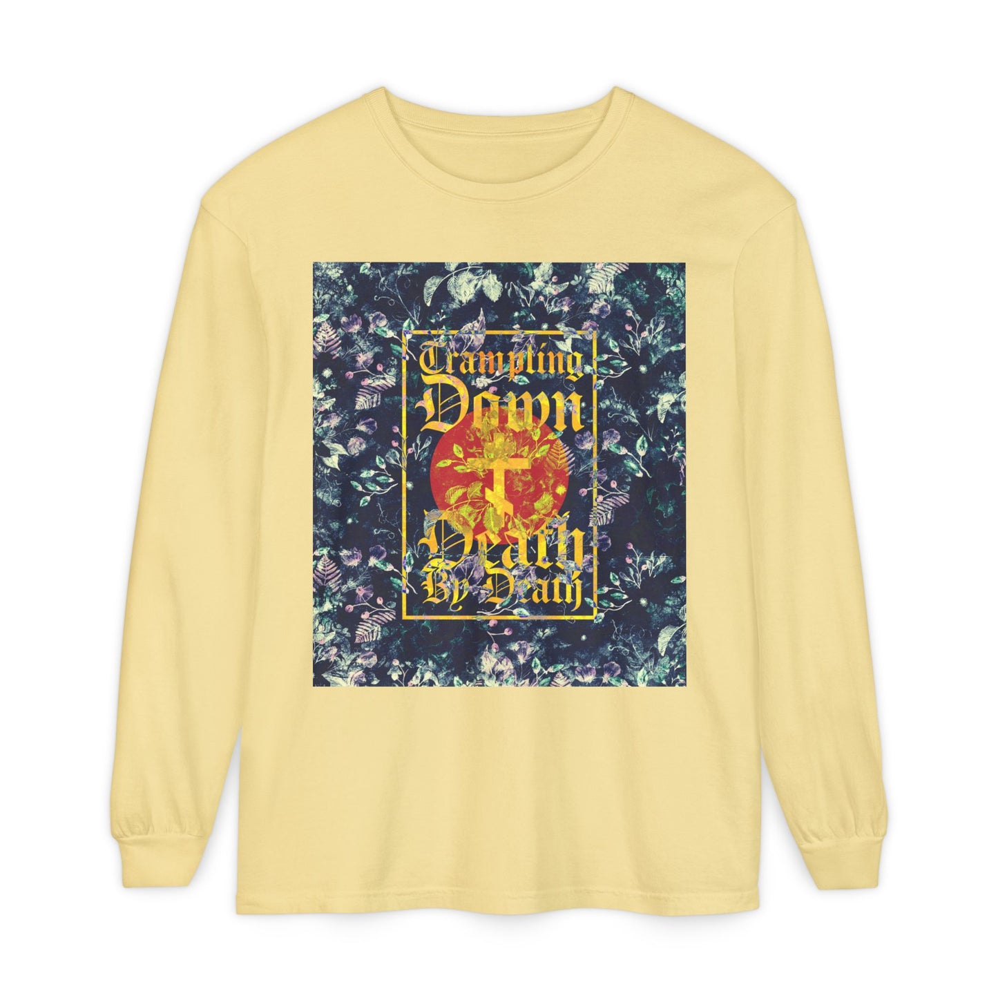 Trampling Down Death By Death | Paschal Floral Design with Gothic Script and Three-Bar Cross | Orthodox Christian Long Sleeve Shirt