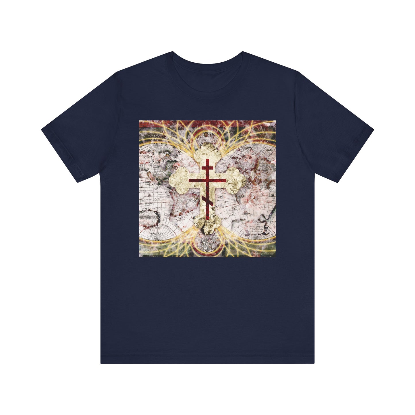 Navy unisex tee titled "Red Orthodox Cross on Antique Map with Glowing Magnetic Lines | Conqueror of Death," featuring a red Orthodox cross over a vintage map design, inspired by Revelation 1:18. Lightweight cotton for comfort.