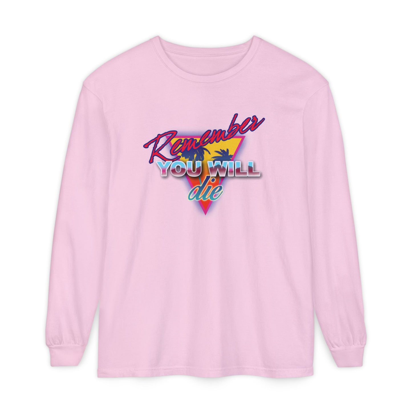 Blossom long-sleeve cotton shirt featuring “Remember You Will Die” in 80s retro synthwave style with palm tree—a nostalgic Orthodox nod to memento mori and St. John Climacus.