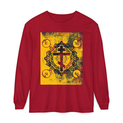 IC XC NIKA Orthodox Cross | Yellow & Red Modern & Medieval Textured Floral Design | Orthodox Christian Long Sleeve Shirt