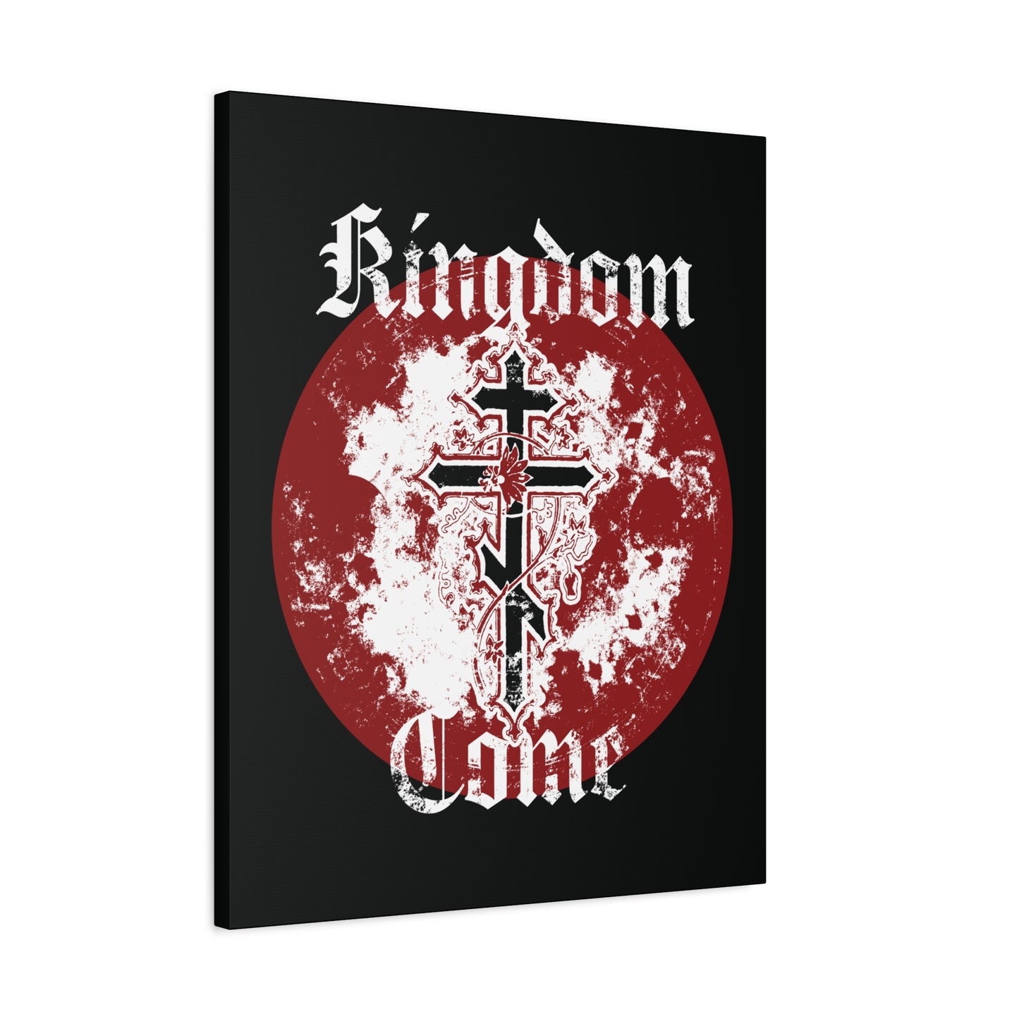 Featuring an Orthodox cross with vine over a textured red circle, this canvas art displays "Kingdom Come" in gothic font, inspired by the Lord's Prayer. Perfect for Orthodox Christians seeking meaningful décor.