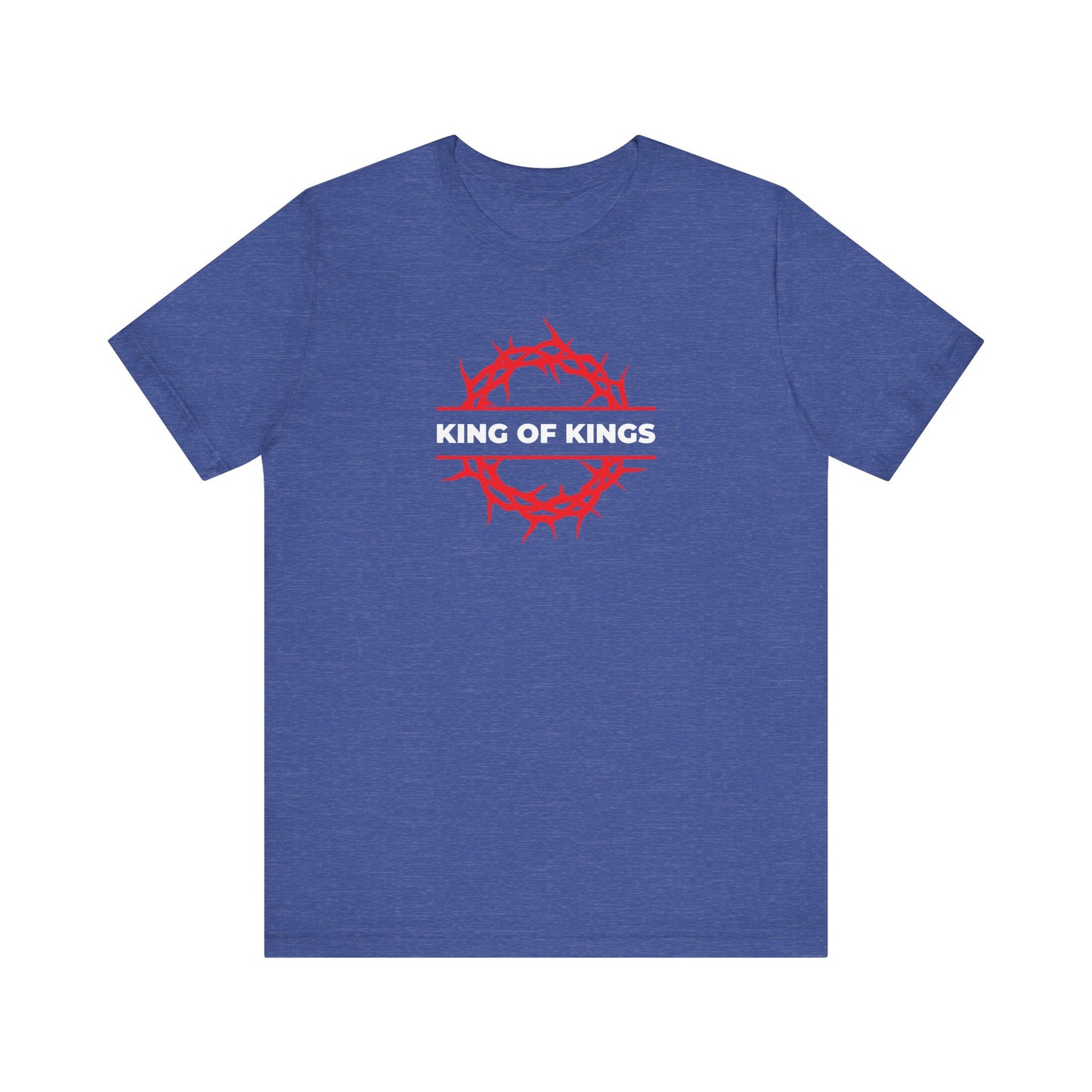 Heather True Royal t-shirt featuring a red crown of thorns and "KING OF KINGS" text in white across the chest, inspired by Revelation 19:16, where Christ is proclaimed King of Kings.