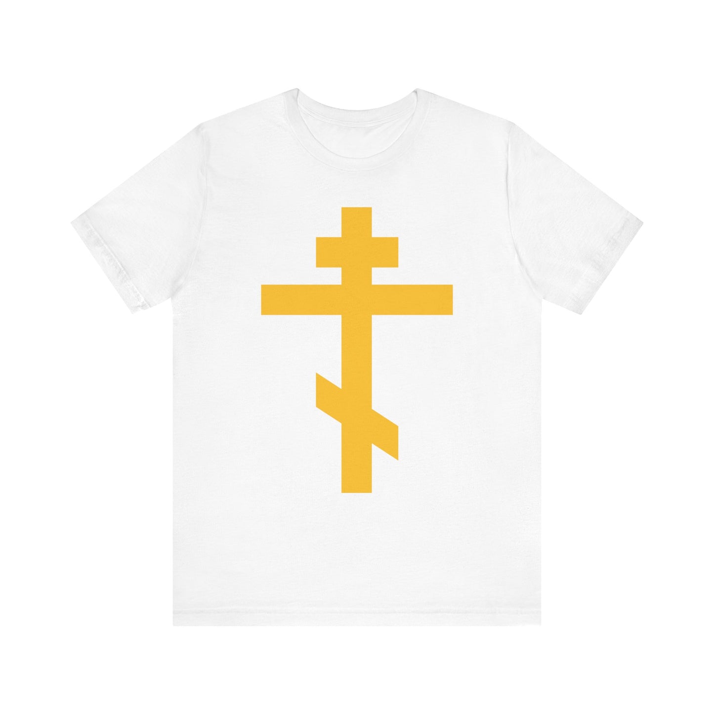 White unisex cotton tee featuring a bold yellow Eastern Orthodox cross on the front, inspired by the "Yellow Orthodox Cross | Precious and Life-Giving Weapon of Unseen Warfare | Scourge of Demons" design—perfect for Christian meditation or reflecting on being crucified with Christ.