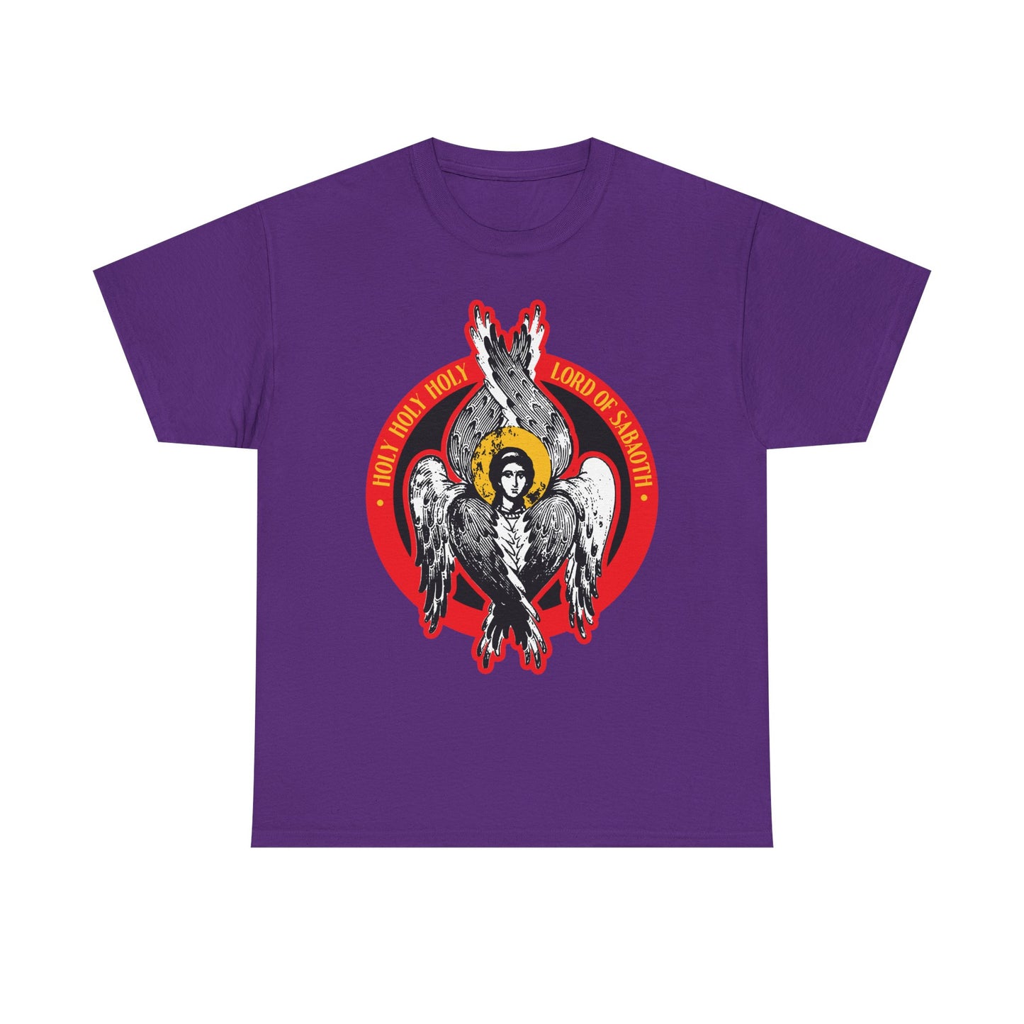 Purple “Holy Holy Holy, Lord of Sabaoth” heavy cotton t-shirt features an illustrated seraphim angel with fiery wings, inspired by Isaiah 6. Includes “Holy Holy Holy Lord of hosts” text.