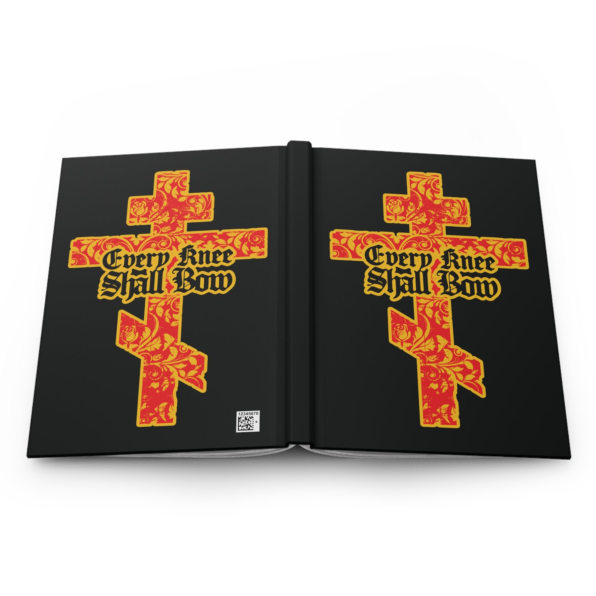Christian journal titled "Every Knee Shall Bow (Isaiah 45:22-24, Phil 2:7-11)" features gold and red floral Orthodox crosses with gothic lettering on a black cover, symbolizing the righteousness of Jesus Christ.