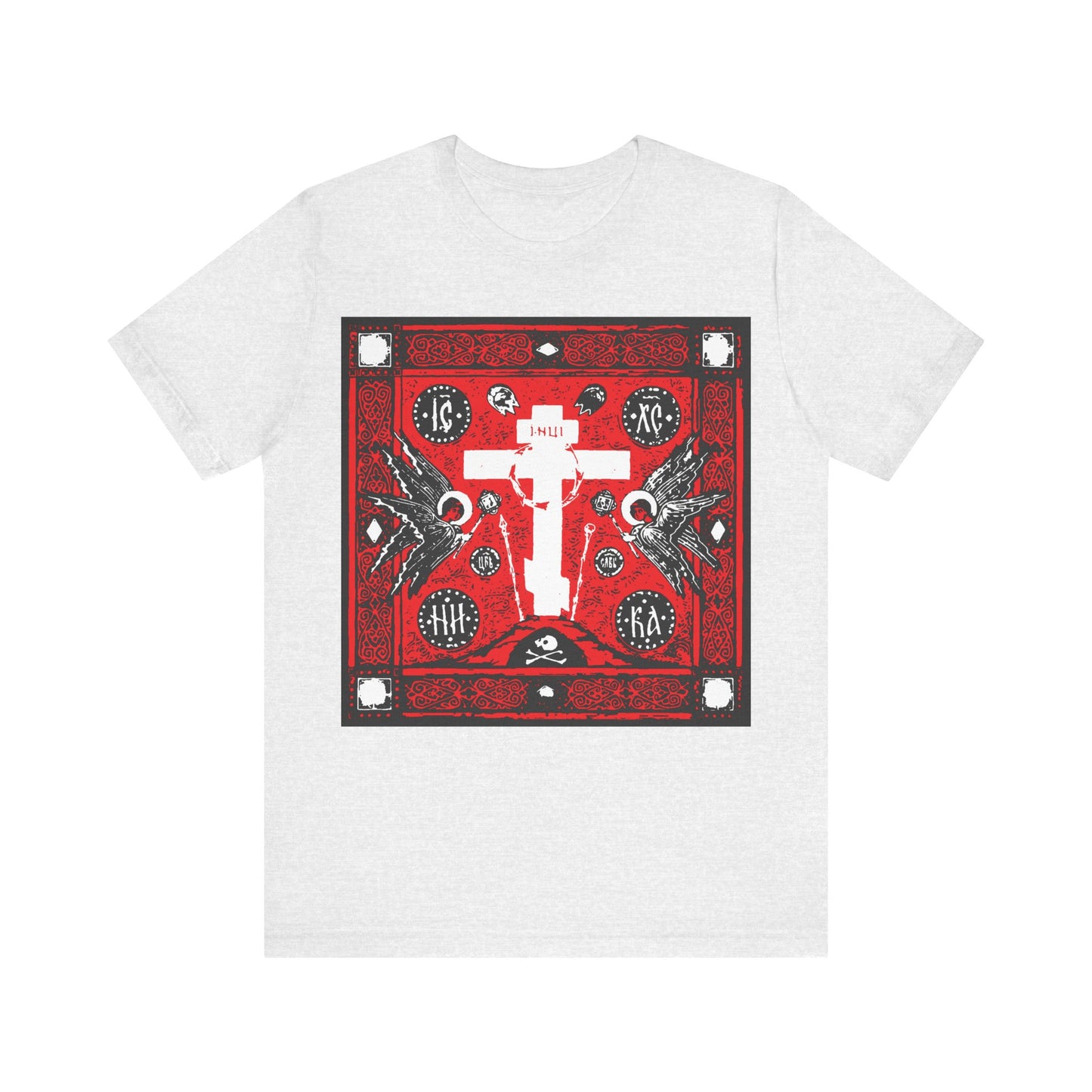 Adoration of Holy Cross IconoGraphic | Striking Red, White, & Black Russian Cross Design w/ Angels  | Orthodox Christian T-Shirt