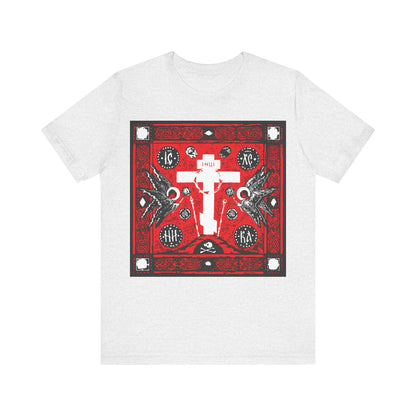 Adoration of Holy Cross IconoGraphic | Striking Red, White, & Black Russian Cross Design w/ Angels  | Orthodox Christian T-Shirt