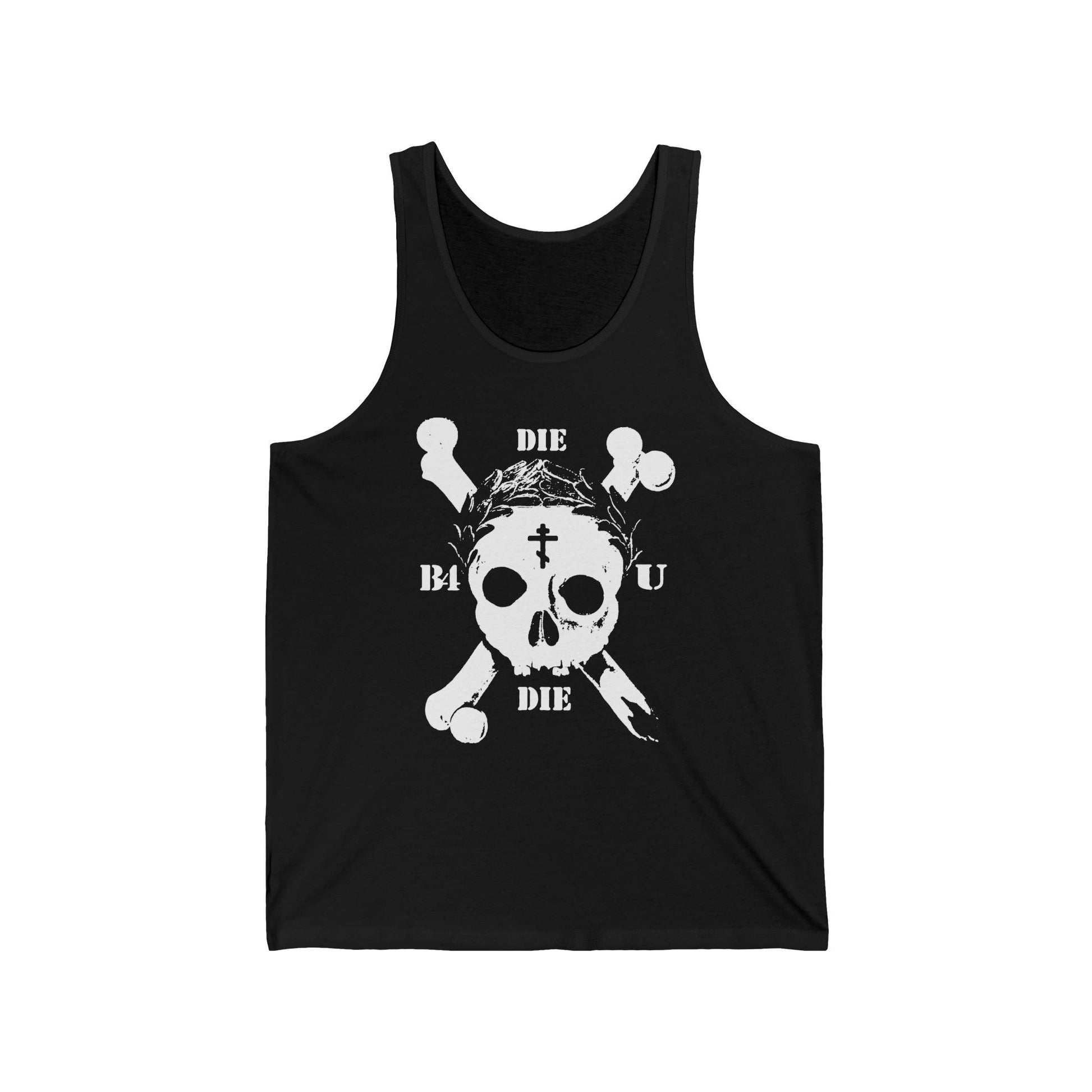 Black "Die Before You Die" tank top features a retro skull and crossbones, Orthodox cross, laurel wreath, and memento mori design—an ascetic Christian statement inspired by Matthew 16:24-25.