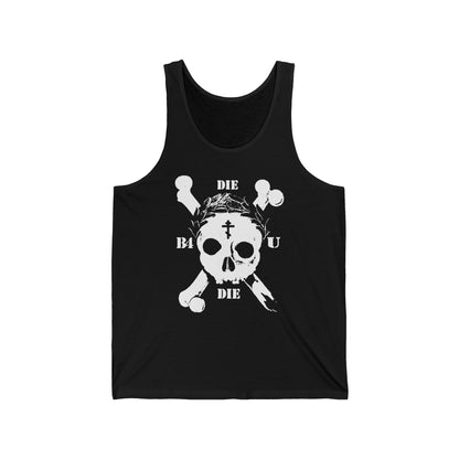 Black "Die Before You Die" tank top features a retro skull and crossbones, Orthodox cross, laurel wreath, and memento mori design—an ascetic Christian statement inspired by Matthew 16:24-25.