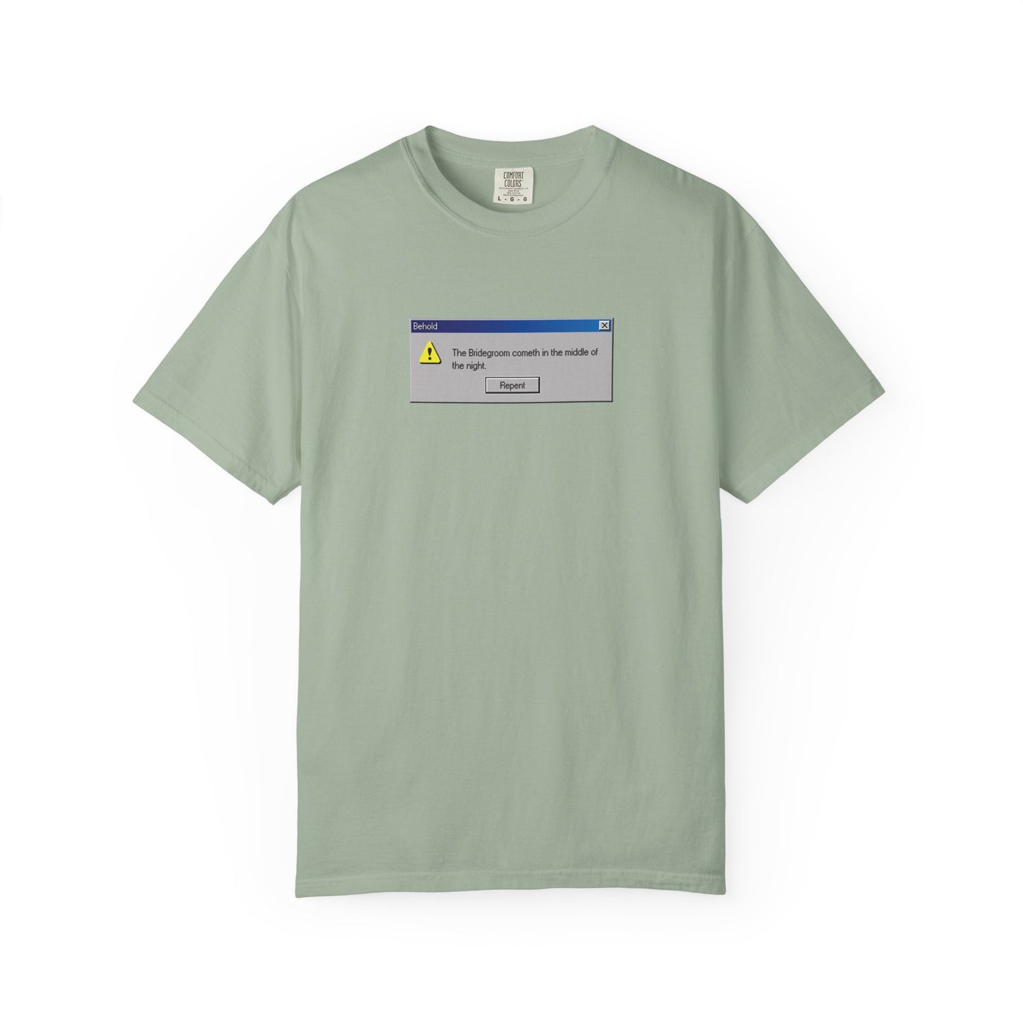 Bay-colored heavyweight cotton unisex t-shirt featuring a printed Windows error message design that reads “Behold the Bridegroom: Repent Now”—an Orthodox Christian statement perfect for those who appreciate bold and thought-provoking apparel.