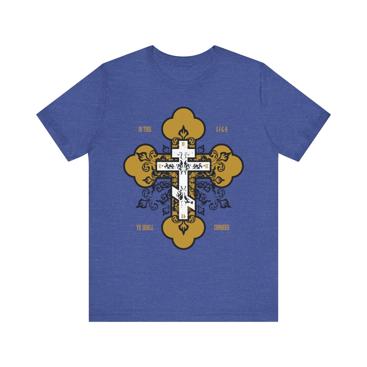Heather true royal tee with a gold and white ornate cross design, inspired by St. Paisios the Athonite and spiritual warfare, featuring "In Hoc Signo Vinces." Lightweight cotton unisex style: In This Sign Ye Shall Conquer.