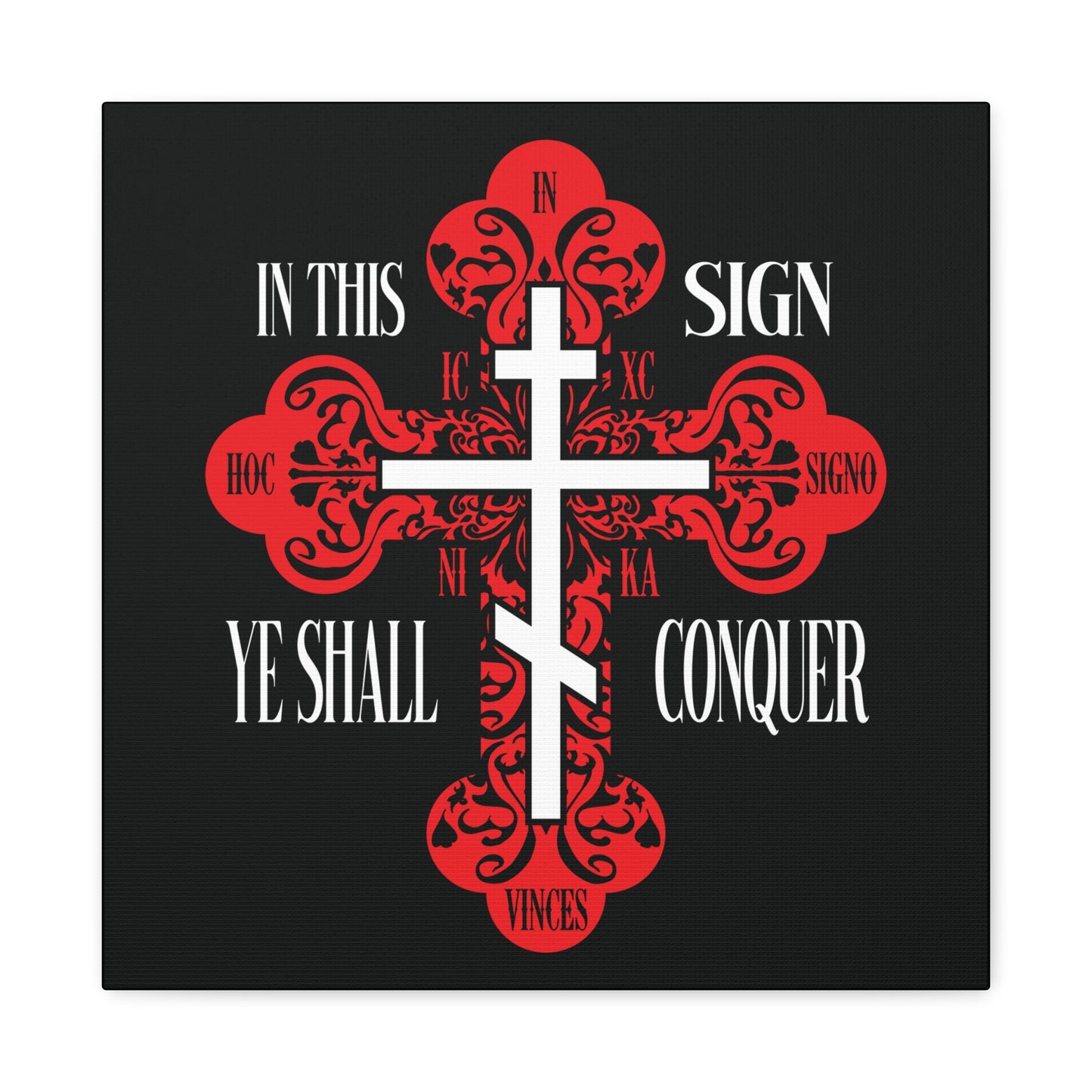 A red ornate Orthodox Cross with "In This Sign Ye Shall Conquer" (ICXC NIKA), symbolizing Christ’s victory in spiritual warfare. Christian wall art featuring "In Hoc Signo Vinces" and "Jesus Christ Conquers.