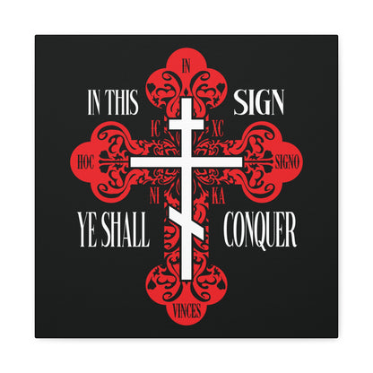 A red ornate Orthodox Cross with "In This Sign Ye Shall Conquer" (ICXC NIKA), symbolizing Christ’s victory in spiritual warfare. Christian wall art featuring "In Hoc Signo Vinces" and "Jesus Christ Conquers.