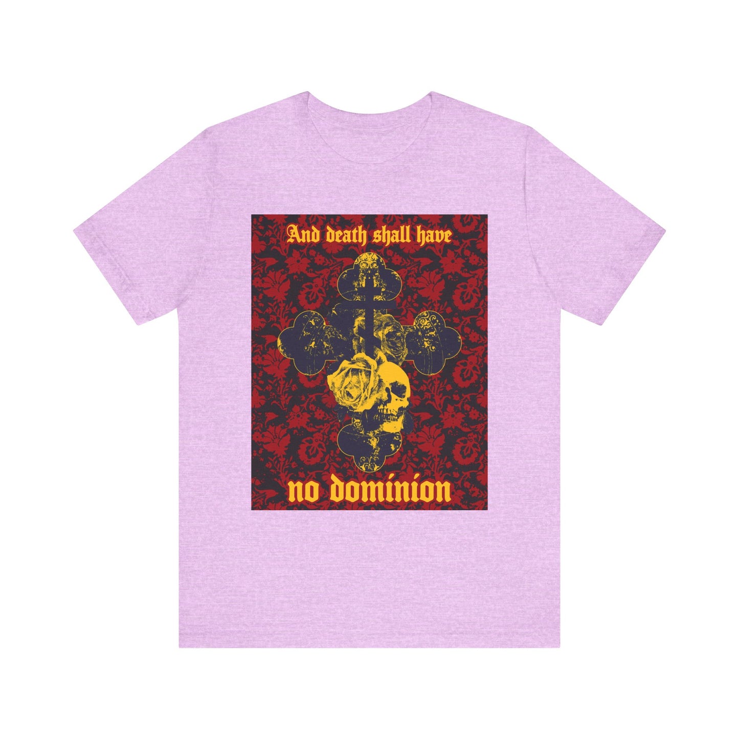 Heather Prism Lilac lightweight cotton tee featuring a gothic red and black design with gold skull, cross, and floral texture. Includes the text “And Death Shall Have No Dominion” from Dylan Thomas’s 1933 poem. Unisex Orthodox Christian style.