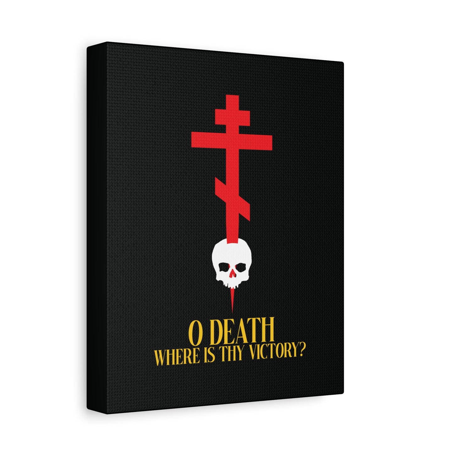 O Death Where is Thy Victory? (1 Corinthians 15:55) | Cross Stabbing Skull | Yellow Text | Orthodox Christian Canvas Art