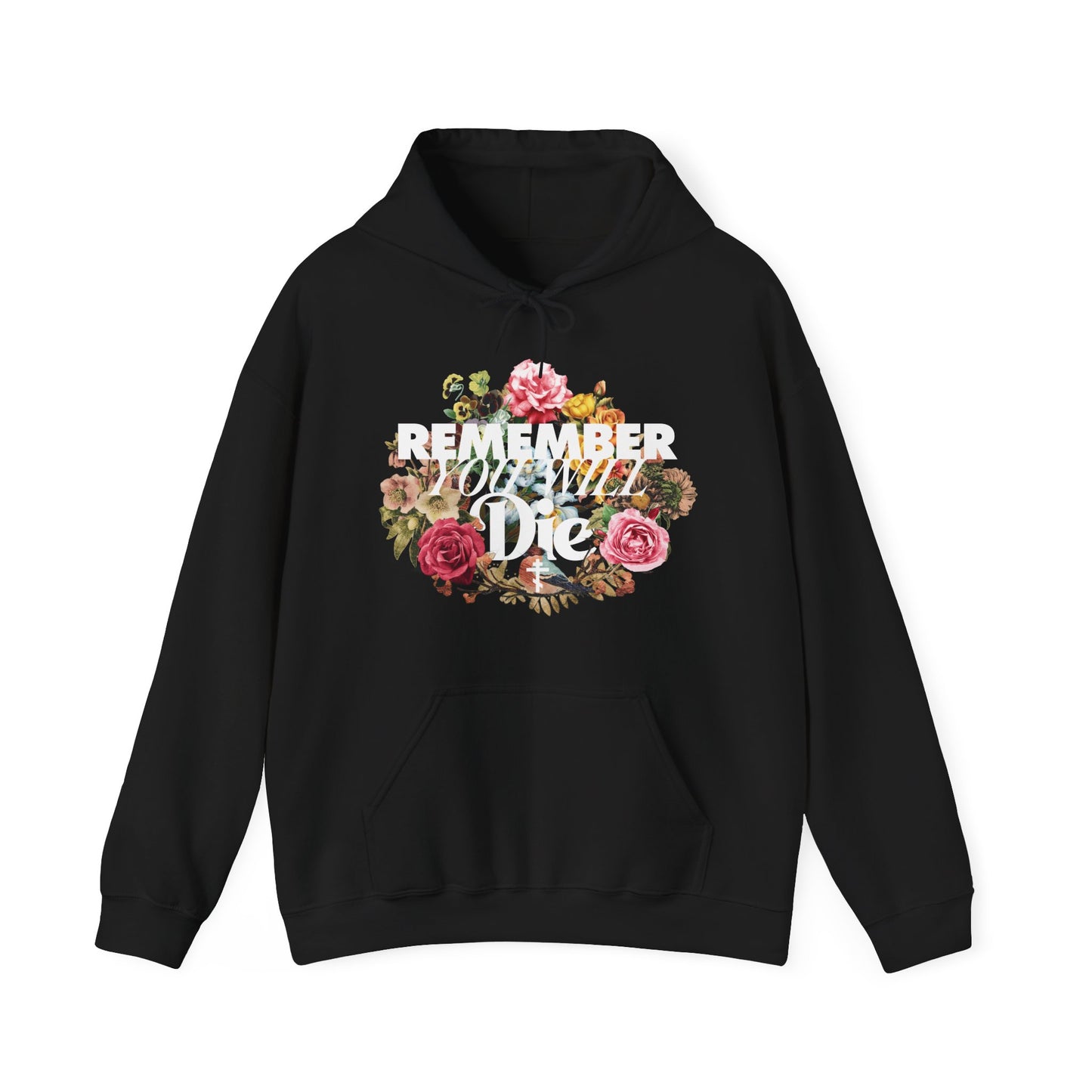 Remember You Will Die | Cross | Classic Typography & Floral Wreath Design (FRONT PRINT) | Memento Mori | Orthodox Christian Hoodie