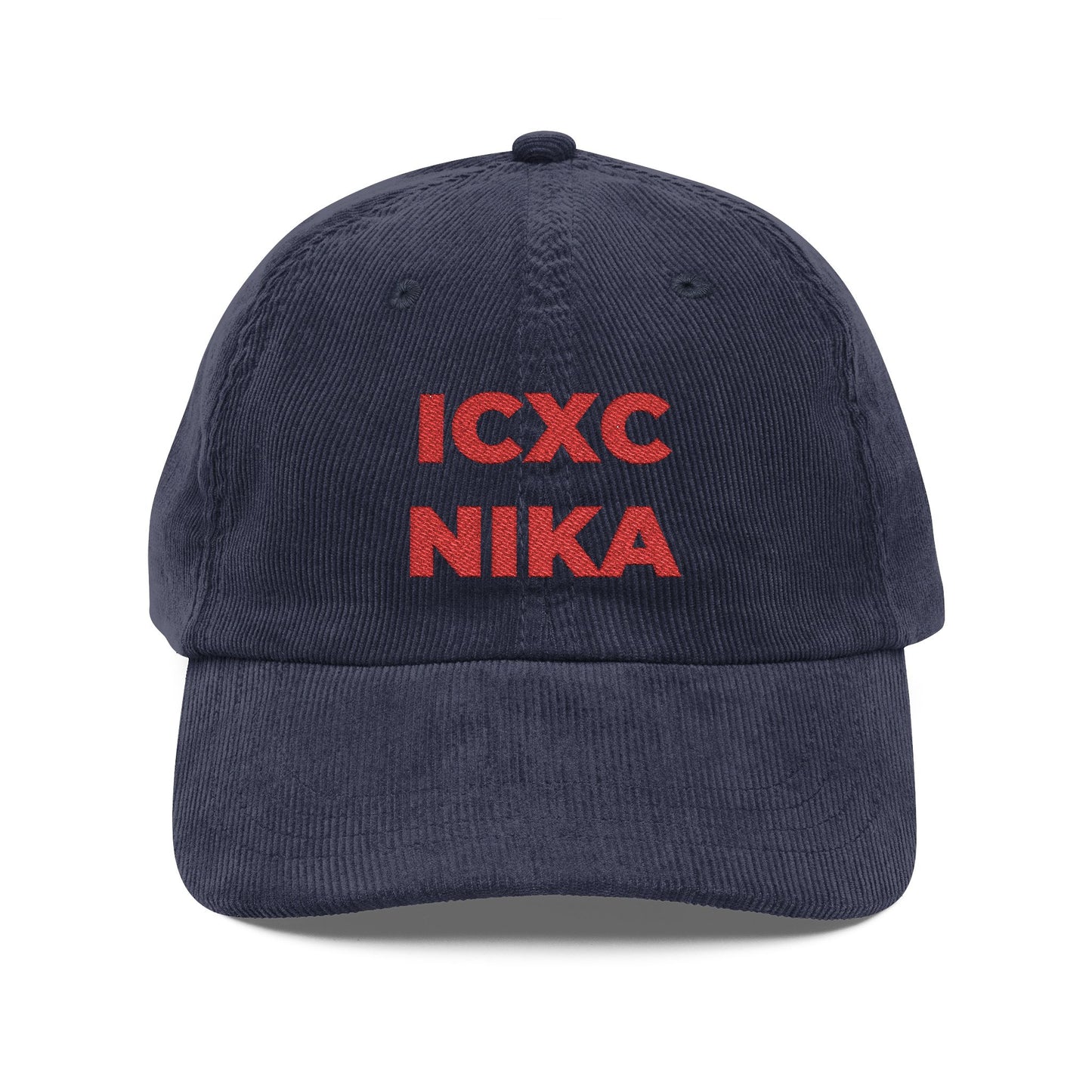 Navy blue cotton corduroy cap with red embroidered ICXC NIKA Christogram, an Orthodox Christian symbol meaning "Jesus Christ Conquers.