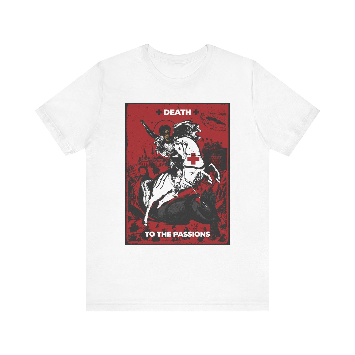 Show your faith and resilience with this white St George Slaying the Dragon t-shirt, featuring striking red and black artwork, the phrase “Death to the Passions,” and inspired by Unseen Warfare’s ascetic Orthodox Christian message—a bold reminder to conquer your passions and reflect inwardly.