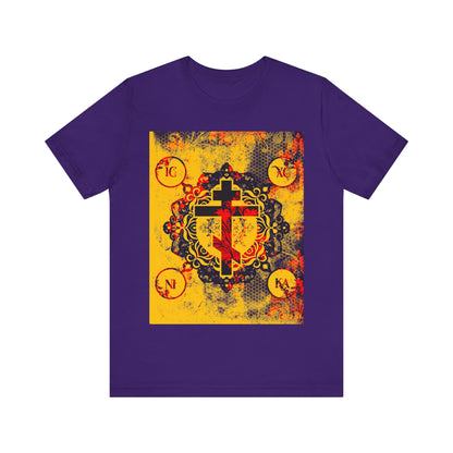 Team Purple IC XC NIKA Orthodox Cross t-shirt features a modern and medieval yellow & red floral design, combining textured patterns with Orthodox Christian symbolism for a unique faith-inspired look.