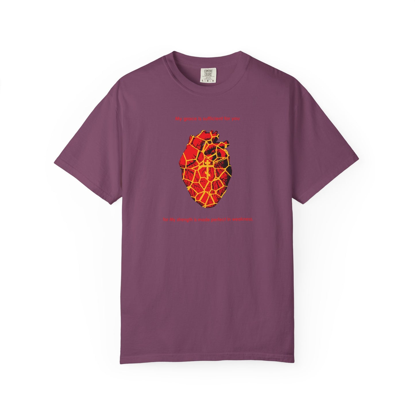 Berry t-shirt featuring a golden, Kintsugi-style broken heart illustration—with an Orthodox cross—symbolizing beauty in restoration and accompanied by small red text above and below; inspired by “My Strength is Made Perfect in Weakness (2 Cor 12:9).”.