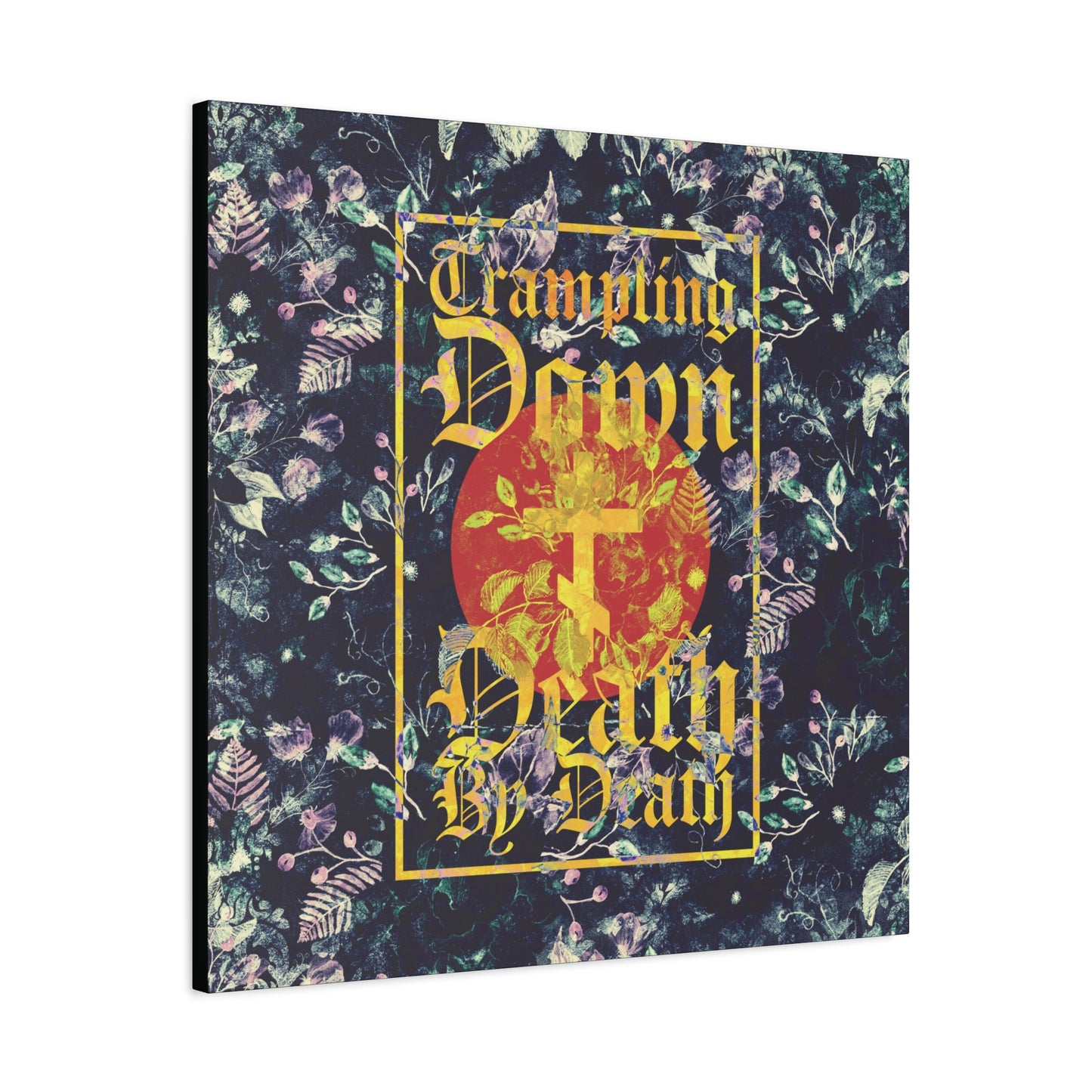 Trampling Down Death By Death | Paschal Floral Design with Gothic Script and Three-Bar Cross | Orthodox Christian Canvas Art