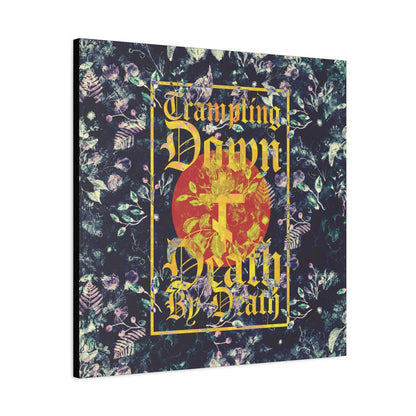 Trampling Down Death By Death | Paschal Floral Design with Gothic Script and Three-Bar Cross | Orthodox Christian Canvas Art