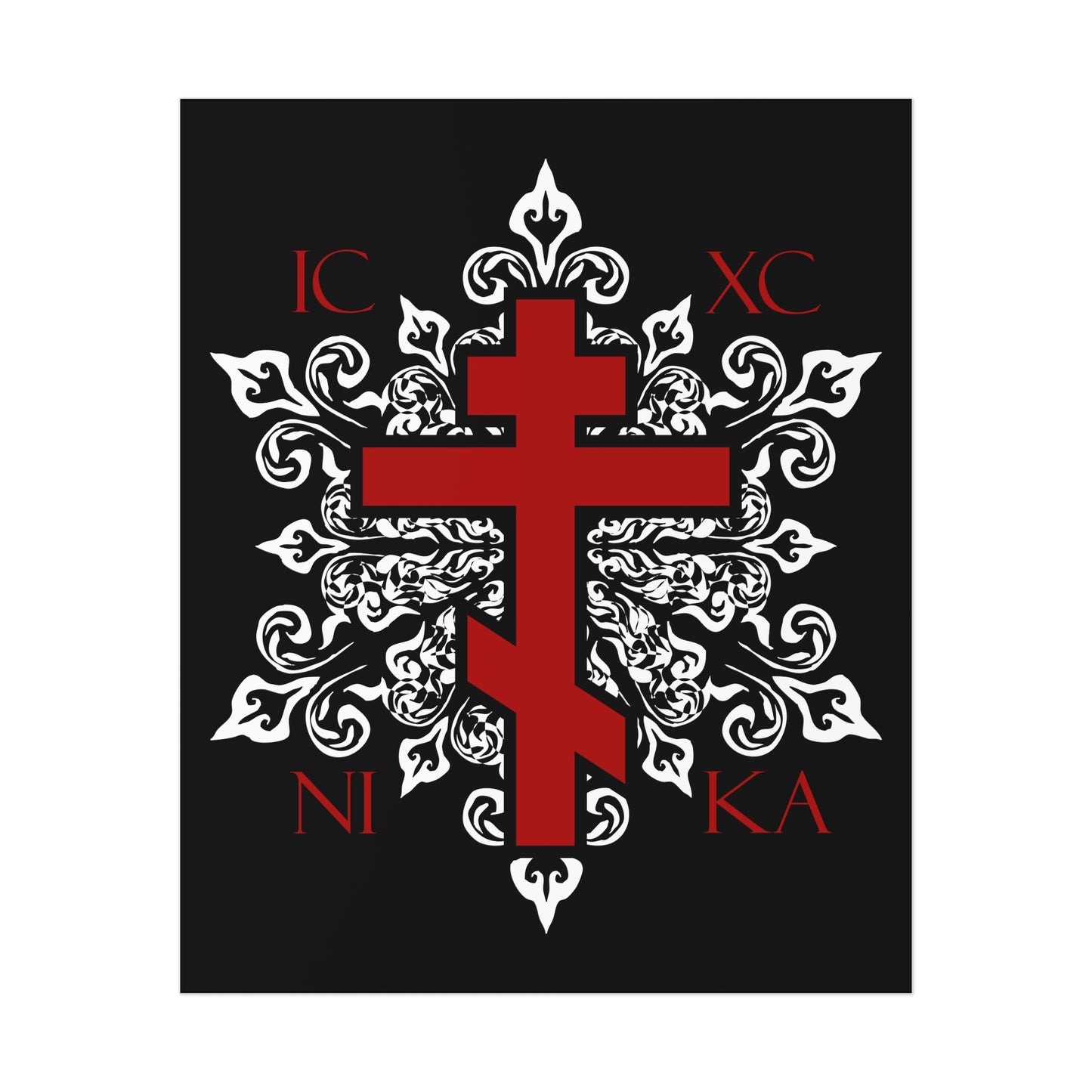 ICXC / NIKA Red Orthodox Cross on Ornate White Medieval Floral Design | Exclusive Best-Selling | Orthodox Christian Art Poster