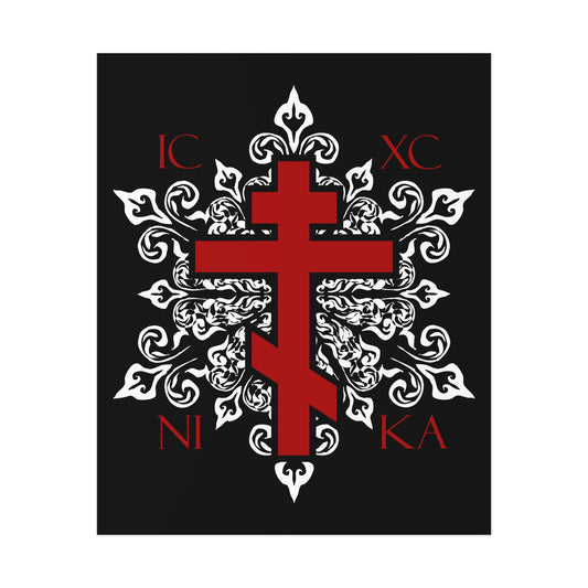 ICXC / NIKA Red Orthodox Cross on Ornate White Medieval Floral Design | Exclusive Best-Selling | Orthodox Christian Art Poster