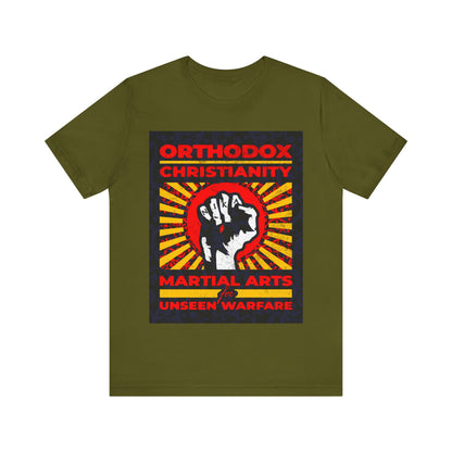 Orthodox Christianity: Martial Arts for Unseen Warfare | NIKA Jesus Fist on Colorful Sunburst Design | Orthodox Christian T-Shirt
