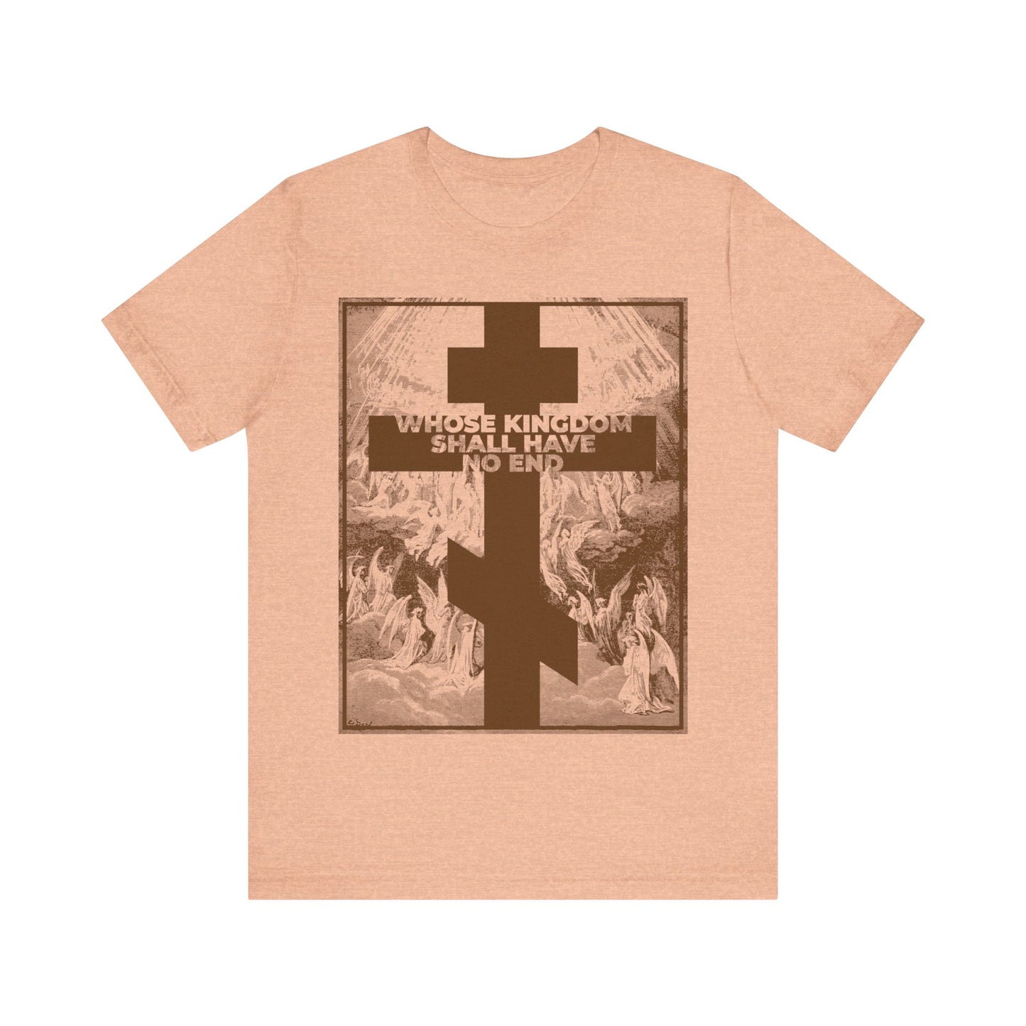 Heather Peach t-shirt featuring a large cross and "Whose kingdom shall have no end," inspired by the Nicene Creed, with an ornate Gustave Dore etching background.