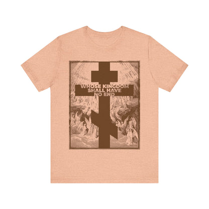 Heather Peach t-shirt featuring a large cross and "Whose kingdom shall have no end," inspired by the Nicene Creed, with an ornate Gustave Dore etching background.
