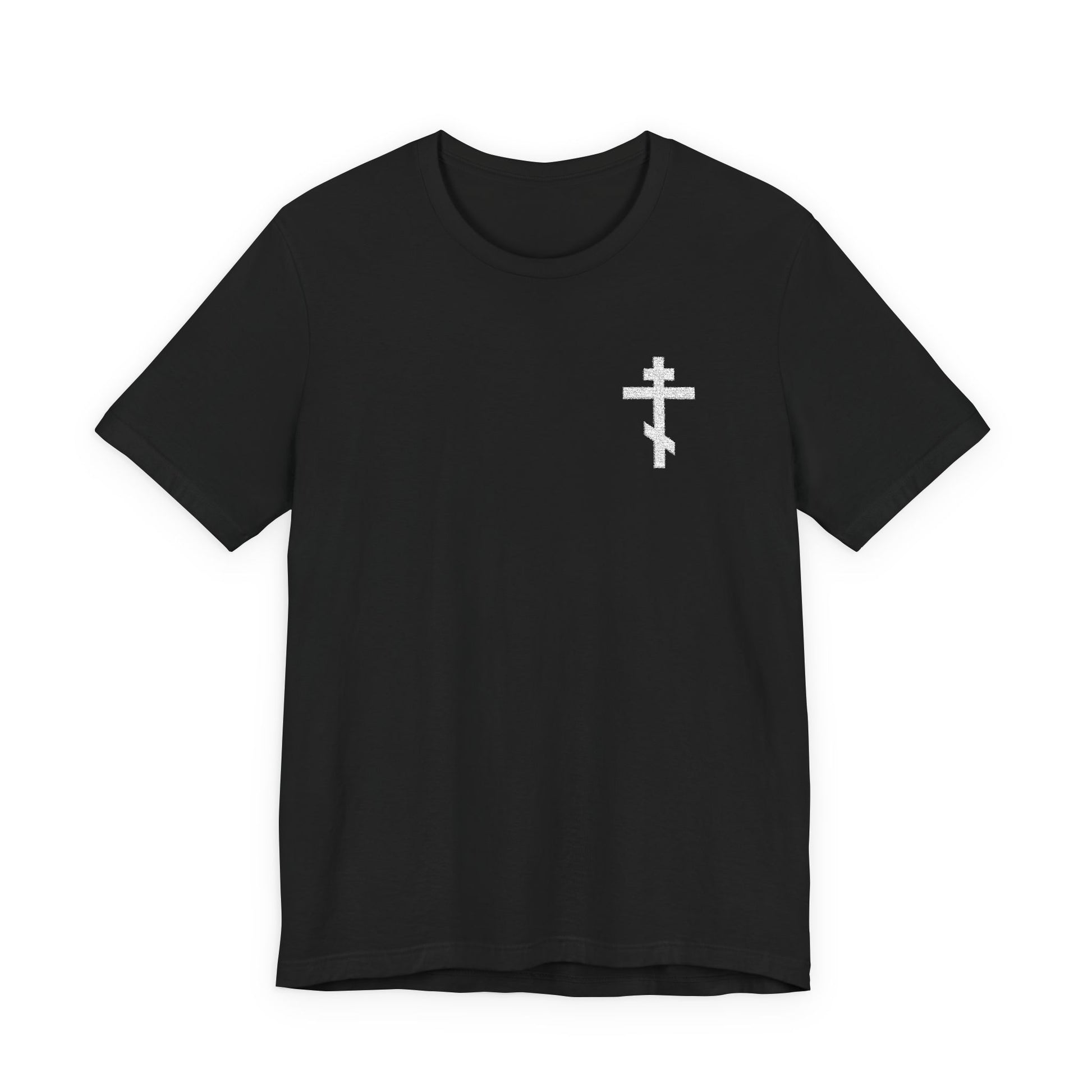 Black t-shirt featuring a small white embroidered Orthodox cross on the left chest, inspired by Galatians 6:14—perfect for Christian meditation and daily reflection.