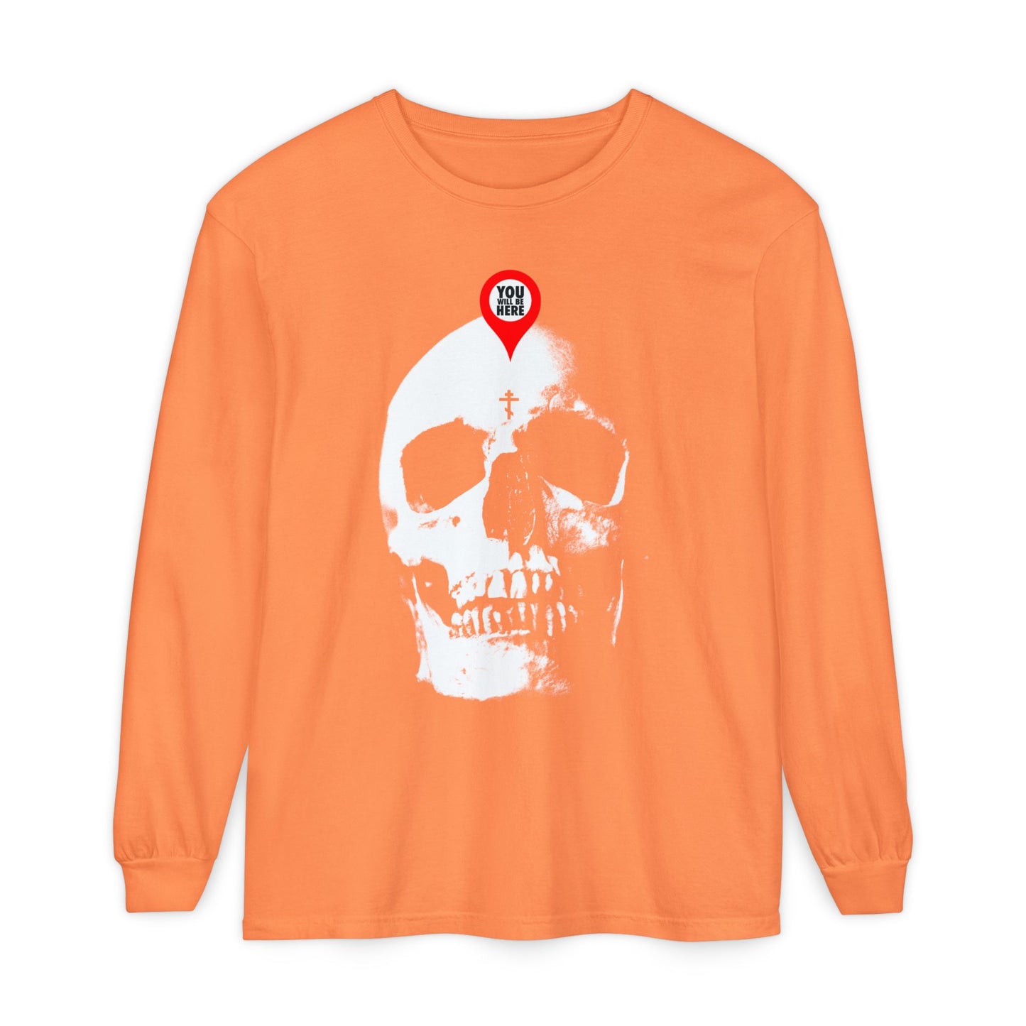 Melon long-sleeve shirt featuring a skull graphic with a YOU ARE HERE marker, inspired by "What You Are I Once Was" and Orthodox Memento Mori teachings.