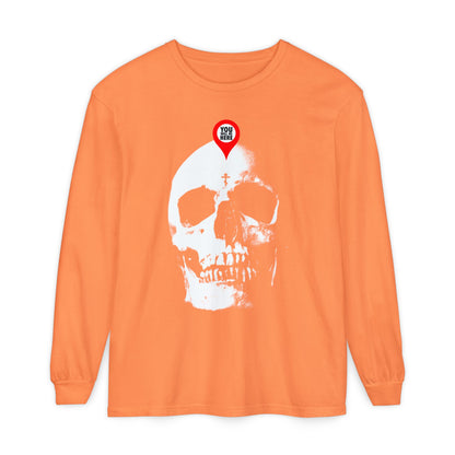 Melon long-sleeve shirt featuring a skull graphic with a YOU ARE HERE marker, inspired by "What You Are I Once Was" and Orthodox Memento Mori teachings.