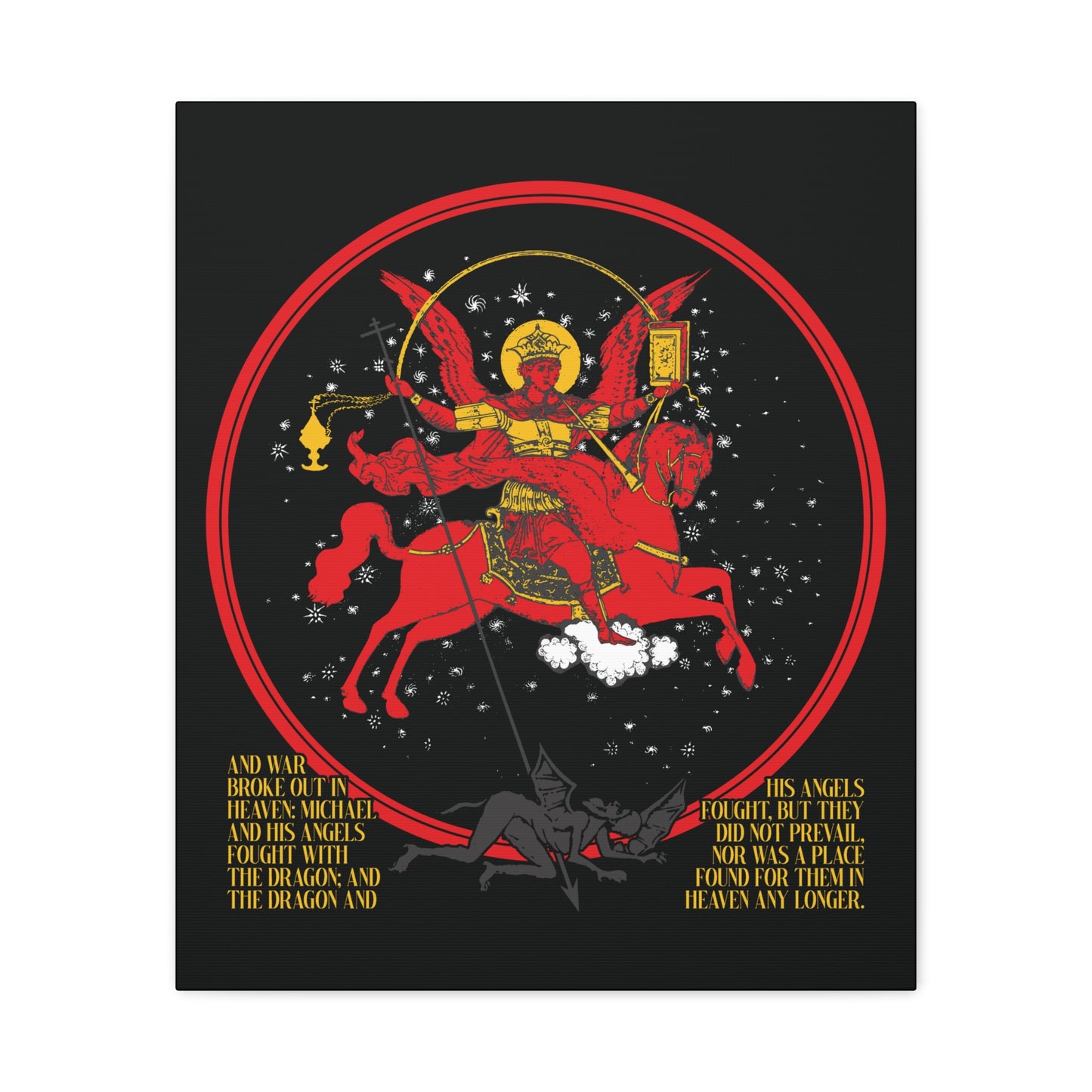 Archangel Michael of the Apocalypse Icono-Graphic shows Michael with sword and shield on a red horse defeating a black dragon (Satan) in the War in Heaven (Rev 12:7-9), with gold text below. Christian Canvas Art.