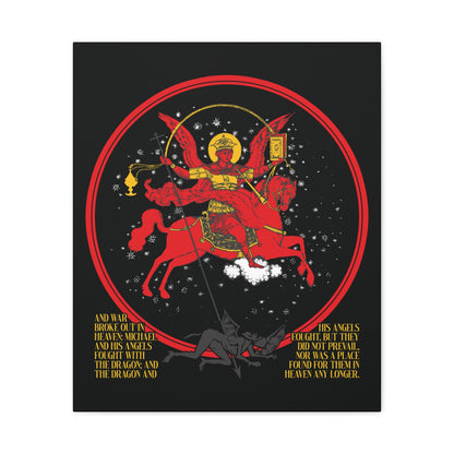 Archangel Michael of the Apocalypse Icono-Graphic shows Michael with sword and shield on a red horse defeating a black dragon (Satan) in the War in Heaven (Rev 12:7-9), with gold text below. Christian Canvas Art.