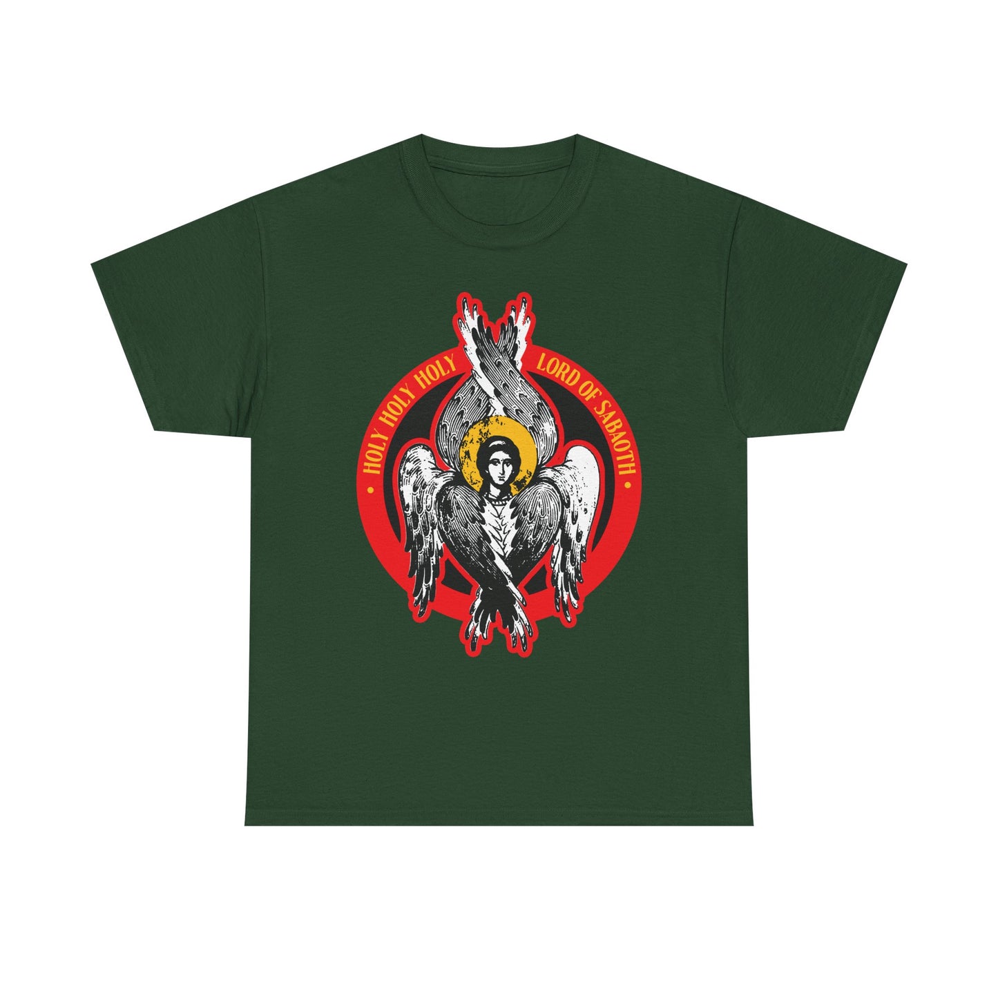 Forest green heavy cotton t-shirt featuring a seraphim angel graphic and Isaiah 6 text “Holy Holy Holy, Lord of Sabaoth/Lord of Hosts,” inspired by the unseen realm.