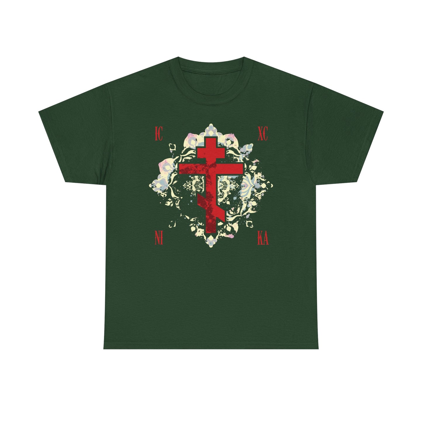 ICXC NIKA | Jesus Christ Conquers | Textured Red Orthodox Cross w/ Medieval Floral Background | Orthodox Midweight Cotton Unisex Tee