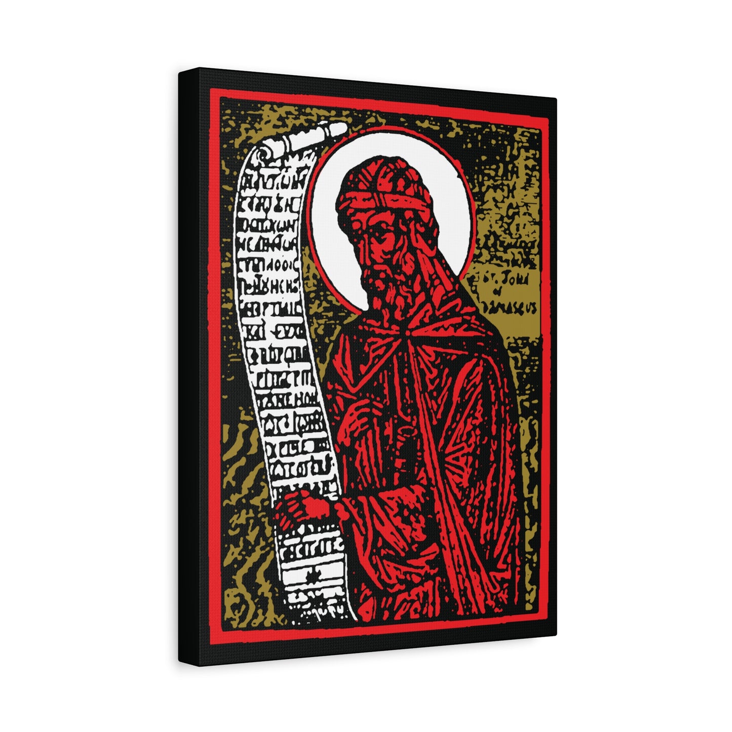 St. John of Damascus Icono-Graphic: Orthodox Christian saint depicted in a high-contrast red, gold, and black canvas art design, holding a scroll—unique Christian wall décor.