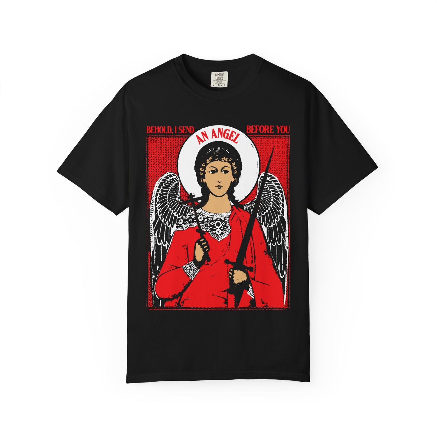 Introducing the “Behold I Send an Angel Before You (Ex 23:20)” Orthodox Heavyweight Cotton Unisex Tee in black, featuring a striking guardian angel with cross and sword iconographic design—ideal as a Christian gift or a daily reminder of angelic protection.