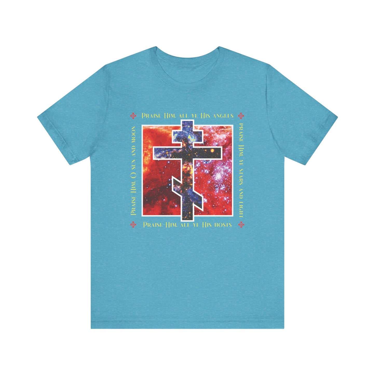 Praise Him All Ye His Angels, Praise Him Ye Stars and Light | Cosmic Orthodox Cross | Divine Council | Lightweight Cotton Unisex Tee