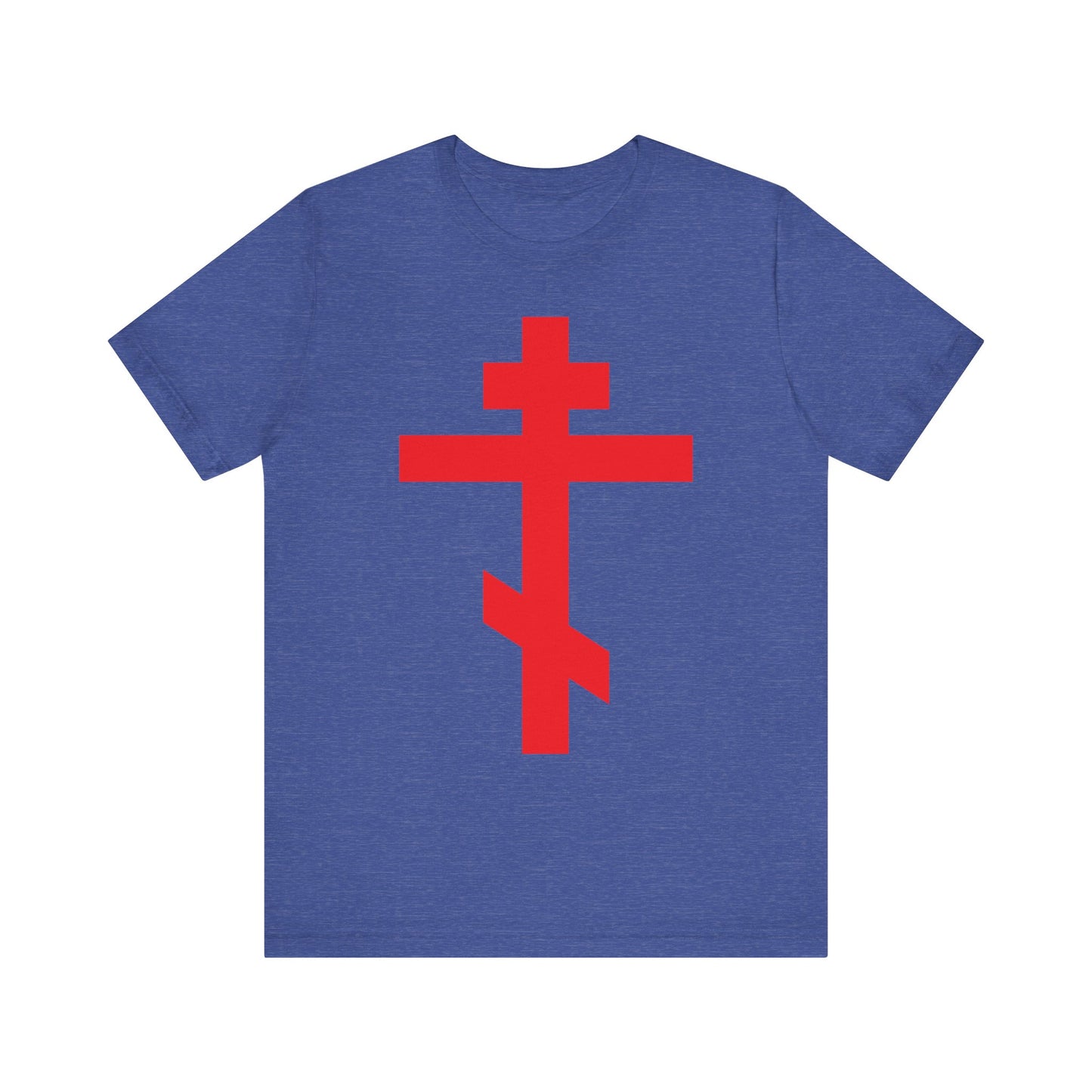 Heather True Royal t-shirt featuring a bright red Orthodox cross and the phrase "Preserve Thy People By Thy Cross, O Lord," inspired by the Crucified With Christ Troparion. Lightweight cotton unisex design. Christ is King.