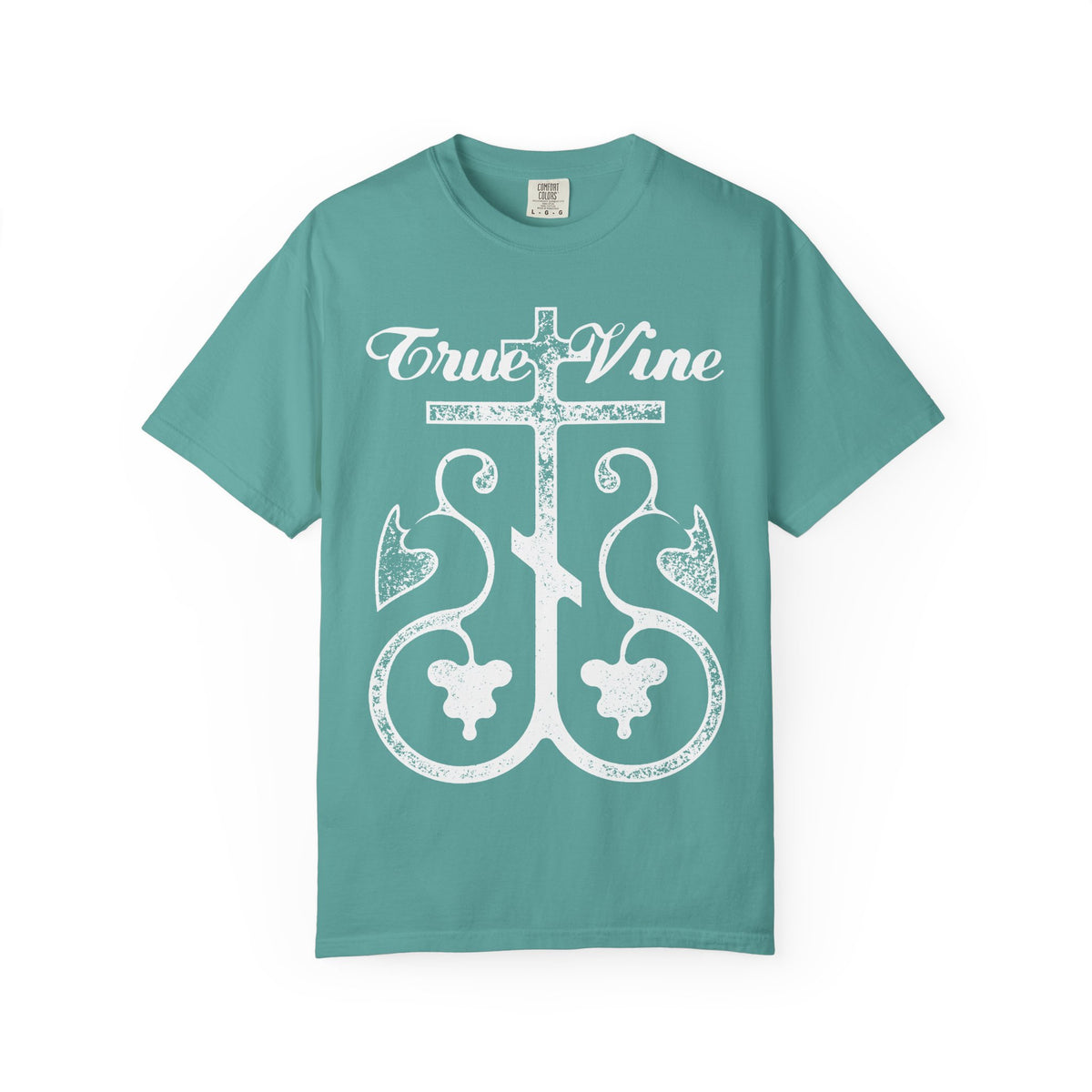 Seafoam t-shirt featuring an Orthodox cross with a grape vine in a photocopy effect and the words “I Am the True Vine” inspired by John 15 and Ezekiel 15, printed above it; made from heavyweight cotton in a unisex fit.
