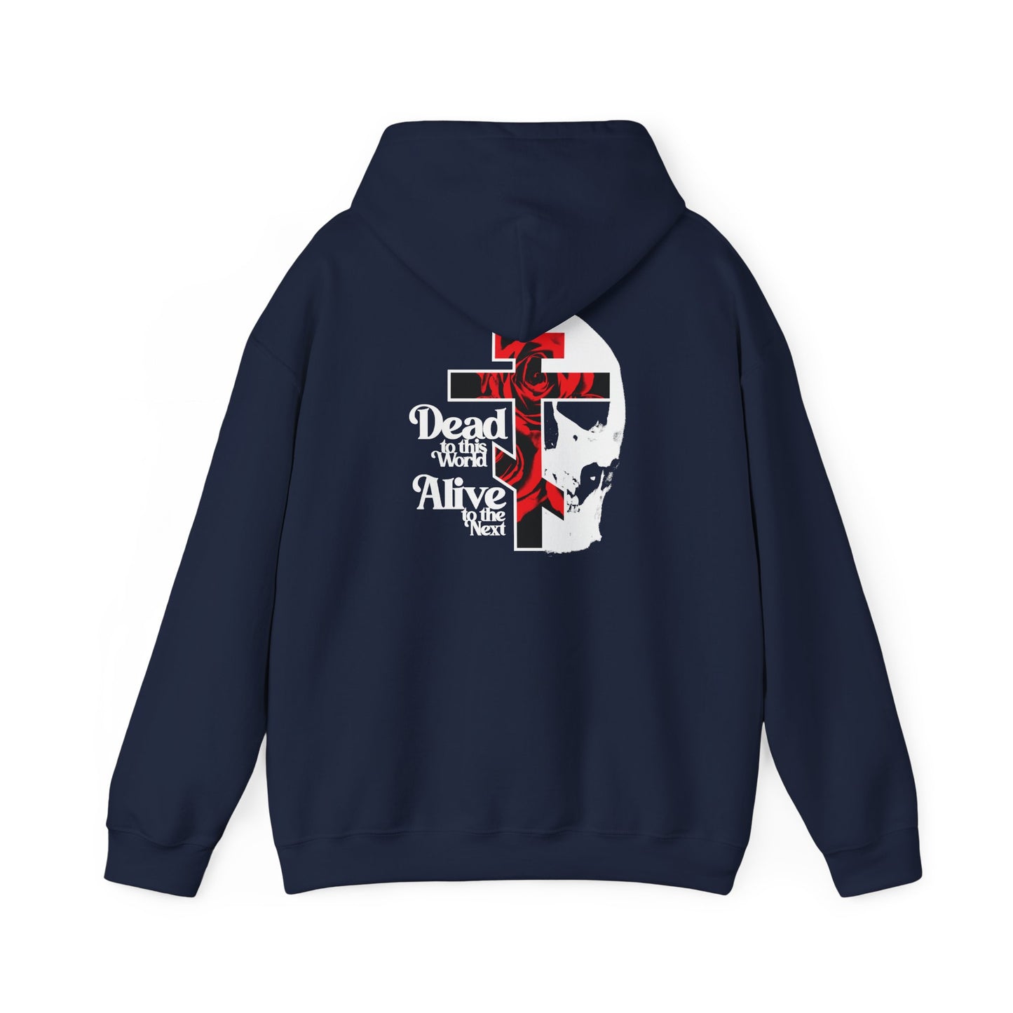 Showcase your faith with the “Dead to this World” BACK DESIGN Orthodox Christian Hoodie in navy, featuring a striking flower cross and white skull graphic, paired with 70s-inspired typography that reads “Dead to this world, Alive in Christ” on the back—a bestselling design inspired by The Ladder of Divine Ascent and symbolizing renunciation of the world.