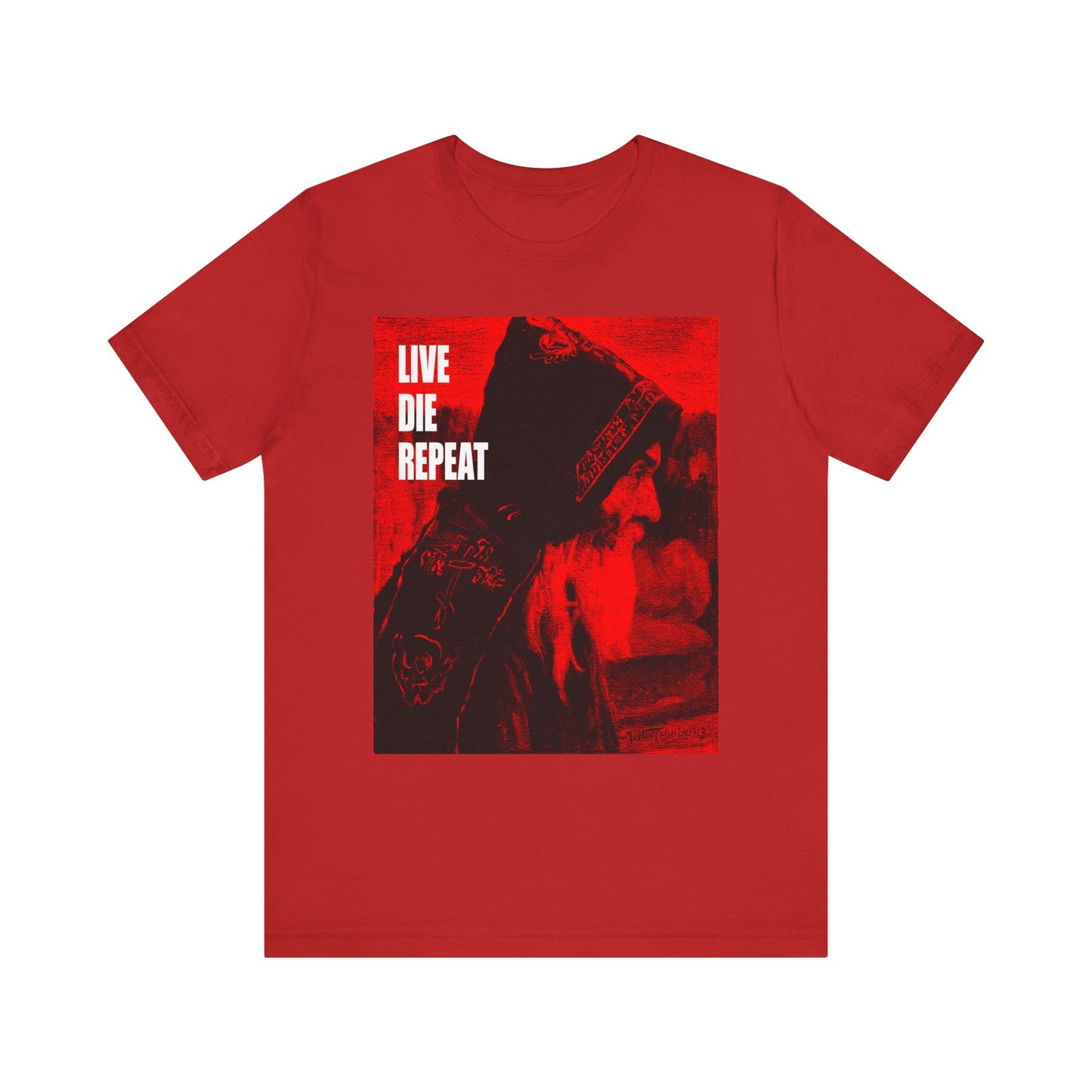 Red tee featuring Mikhail Nesterov's Orthodox monk art and "Die Every Day, You Will Live Forever"—a bold ascetic quote inspired by St Antony the Great. Lightweight cotton, unisex fit.